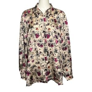 Marina Rinaldi Size 14 Floral Bridget Top Button Down Shirt Beige Pink Satiny